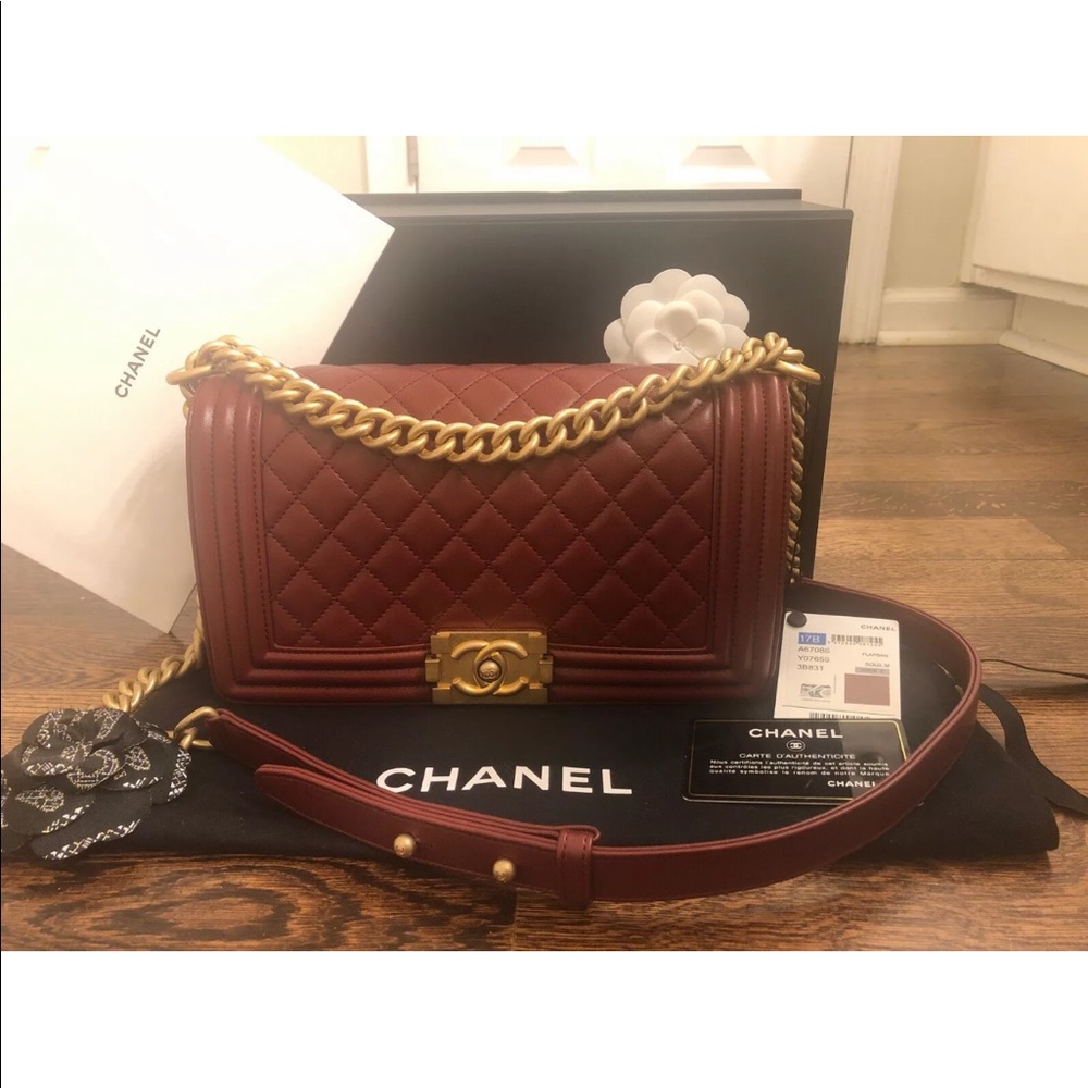Chanel old medium burgundy antique gold boy bag